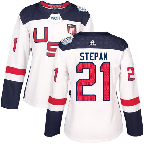 Team USA #21 Derek Stepan White 2016 World Cup Women's Stitched NHL Jersey - Click Image to Close